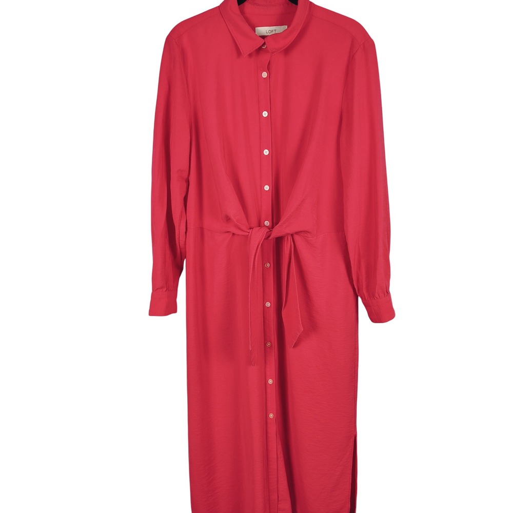 LOFT Womens SZ 12 Tie Waist Button Down Midi Shirt Dress Red Solid Classic Chic